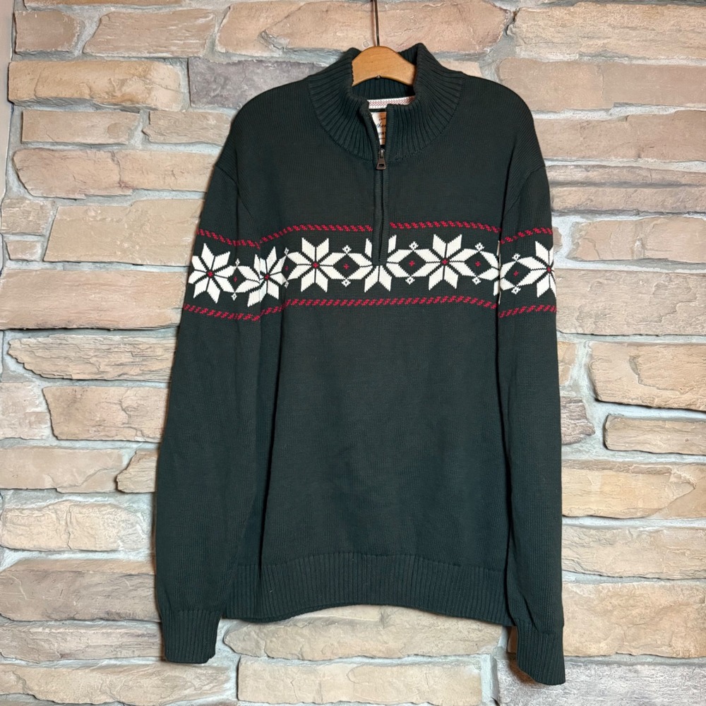 Weatherproof Vintage Men's Green Snowflake Fair Isle 1/4 Zip Sweater XL